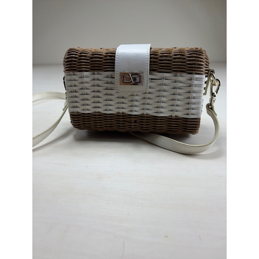 Talbots Rattan Wicker Crossbody Bag White Leather Trim Turn Lock Brown White